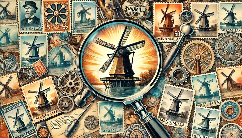 Un collage detallado y vibrante que representa el tema de los molinos de viento en la filatelia. Incluye sellos que muestran varios molinos de viento, tanto históricos como modernos, una lupa inspeccionando un sello y herramientas utilizadas por los coleccionistas. El fondo presenta elementos como un álbum de sellos, cartas antiguas y catálogos de sellos. Destaca molinos de viento de diferentes países y épocas, reflejando su diversidad arquitectónica y su importancia histórica tal como se representan en los sellos.