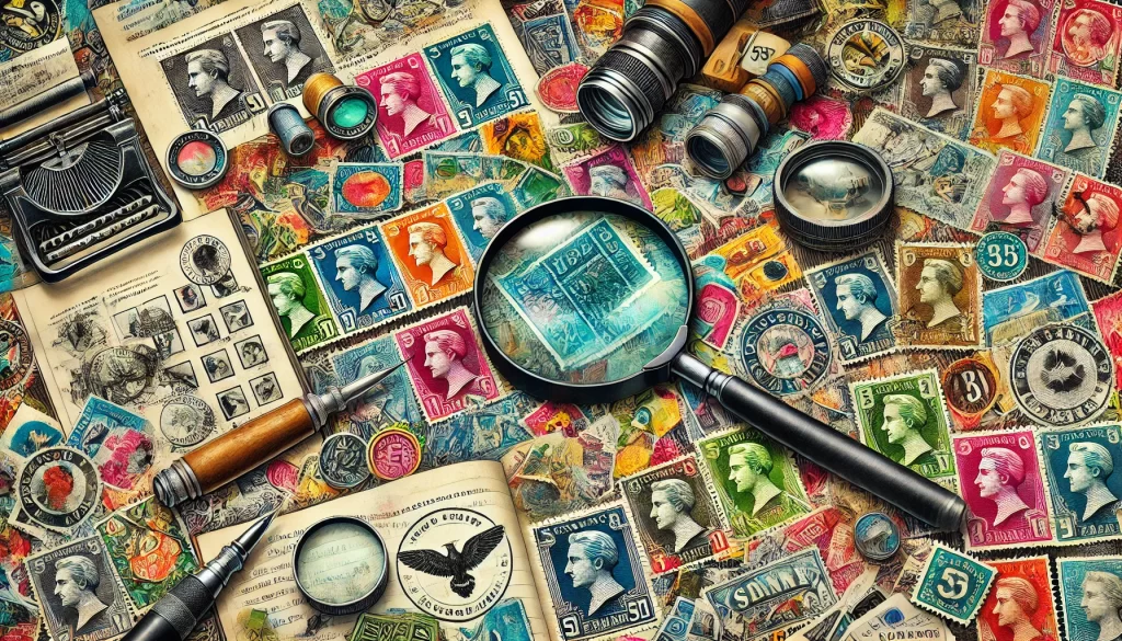 Un collage detallado y vibrante que representa errores filatélicos. Incluye unos pocos sellos postales con errores de impresión notables, una lupa inspeccionando un sello y herramientas utilizadas por los coleccionistas para identificar errores. El fondo presenta elementos como un álbum de sellos, cartas antiguas y catálogos de sellos. Resalta errores como errores de color, diseños invertidos y detalles faltantes.