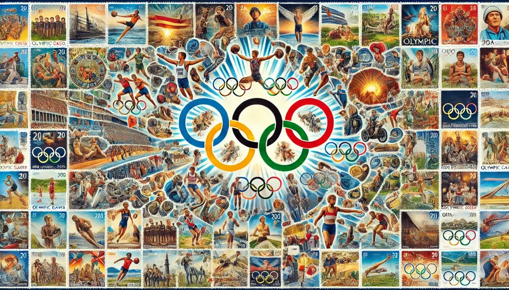 Un collage detallado y vibrante que representa el tema de los sellos de los Juegos Olímpicos. Incluye elementos como sellos postales que muestran varios eventos olímpicos, atletas en acción, anillos olímpicos y momentos históricos de diferentes Juegos Olímpicos. El fondo presenta una variedad de sellos de diferentes países y años olímpicos, reflejando la importancia global e histórica de los Juegos Olímpicos en la filatelia.