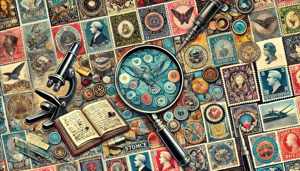 Un collage detallado y vibrante que representa los diversos métodos de impresión en la filatelia. Incluye sellos que muestran diferentes técnicas de impresión como grabado, litografía e impresión digital. También incluye una lupa inspeccionando un sello y herramientas utilizadas por los coleccionistas. El fondo presenta elementos como un álbum de sellos, cartas antiguas y catálogos de sellos. Destaca las texturas y estilos distintos de los sellos, reflejando los avances tecnológicos y la diversidad artística en la producción de sellos.