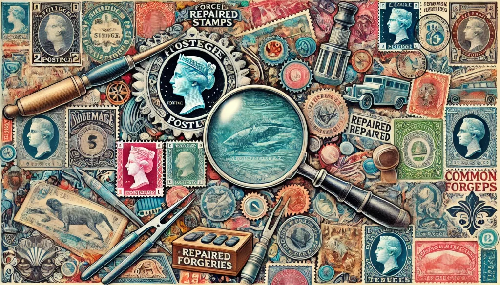 Un collage detallado y vibrante que representa el tema de los sellos falsificados y reparados. Incluye sellos con signos de manipulación, una lupa antigua inspeccionando sellos, herramientas como pinzas y detectores de marcas de agua, y visuales de falsificaciones comunes como colores alterados, desgarros reparados y perforaciones añadidas. El fondo muestra una variedad de sellos vintage y modernos.