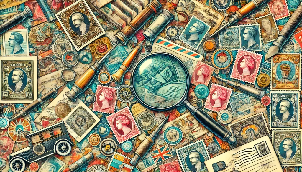 Un collage detallado y vibrante que representa curiosidades filatélicas. Incluye unos pocos sellos inusuales y raros, una lupa, marcas de cancelación únicas y herramientas de colección de sellos. El fondo presenta una mezcla de elementos como un álbum de sellos, catálogos de sellos, cartas antiguas y sobres para añadir variedad y profundidad al tema, destacando solo unos pocos sellos vintage y modernos para resaltar las curiosidades.