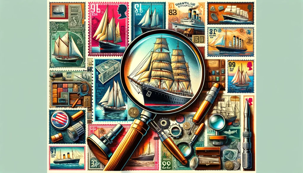 Un collage detallado y vibrante que representa el tema de los barcos en la filatelia. Incluye unos pocos sellos postales que muestran varios barcos, tanto modernos como históricos, una lupa inspeccionando un sello y herramientas utilizadas por los coleccionistas. El fondo presenta elementos como un álbum de sellos, cartas antiguas y catálogos de sellos. Destaca barcos como veleros, barcos de vapor y embarcaciones modernas, reflejando la historia marítima y su representación en los sellos.