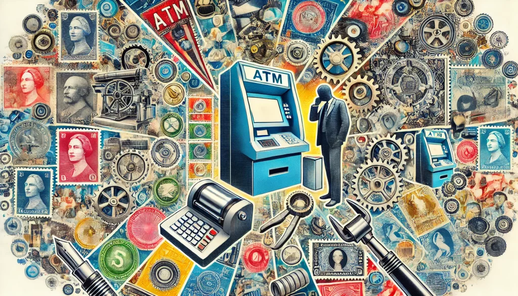 Un collage detallado y vibrante que representa el tema de los ATM o sellos de valor variable. Incluye elementos como máquinas modernas de estampillas, sellos con valores impresos, una persona usando una máquina expendedora de sellos, y herramientas utilizadas por los coleccionistas. El fondo muestra una variedad de sellos de valor variable de diferentes países, reflejando los aspectos tecnológicos y modernos del coleccionismo de sellos.